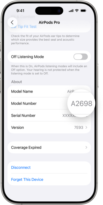 Número de modelo de los AirPods en los ajustes de Bluetooth de un iPhone